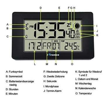 iTronics Digitale Funkwanduhr Tischuhr mit Temperaturanzeige & Countdown-Timer, Schwarz - 3