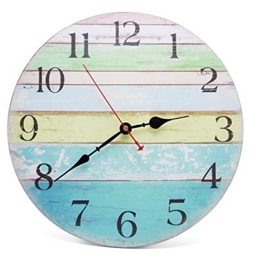 Asvert Wanduhr Retro-Wanduhr Taktgeber Holz Stumm hängt Innenausbau Vintage Holz Wanduhr Rustikale Land Toskana Stil Bunt Streifen Design aus Dekorative (Ozean Farbe) - 2