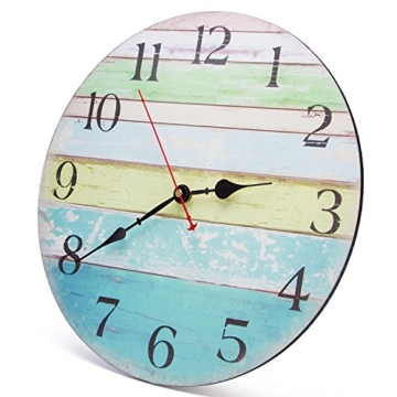 Asvert Wanduhr Retro-Wanduhr Taktgeber Holz Stumm hängt Innenausbau Vintage Holz Wanduhr Rustikale Land Toskana Stil Bunt Streifen Design aus Dekorative (Ozean Farbe) - 3