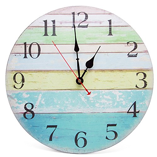 Asvert Wanduhr Retro-Wanduhr Taktgeber Holz Stumm hängt Innenausbau Vintage Holz Wanduhr Rustikale Land Toskana Stil Bunt Streifen Design aus Dekorative (Ozean Farbe) - 1 Asvert Wanduhr Retro-Wanduhr Taktgeber Holz Stumm hängt Innenausbau Vintage Holz Wanduhr Rustikale Land Toskana Stil Bunt Streifen Design aus Dekorative (Ozean Farbe) - 1