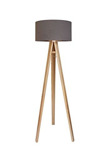 Dreibein Stehleuchte Jalua F Velours grey & gold & Kiefernholz H: 140cm - 1 Dreibein Stehleuchte Jalua F Velours grey & gold & Kiefernholz H: 140cm - 1