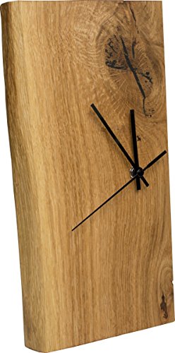 Funk-Wanduhr Eiche Massiv | Echt-Holz Uhr als Standuhr & Tisch-Uhr verwendbar | einseitig mit Baumkante | schlicht & modern - 1