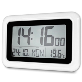 Funkwanduhr mit großer LCD-Anzeige und Standfuß - Tischuhr - digitale Wanduhr - weiß/schwarz - 1