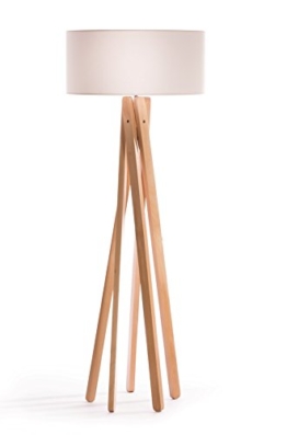 Hochwertige Design Stehlampe Tripod mit Stoffschirm in weiß und Stativ/Gestell aus Holz Echtholz (Buche) | H= 160cm | Stehleuchte | Natur | Handgefertigte Leuchte - 1