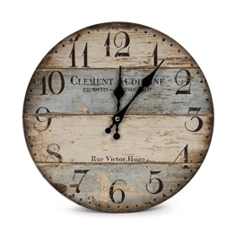 LOHAS Home Wanduhr - Clement - Holz Küchenuhr mit großem Ziffernblatt aus MDF, Retro Uhr im angesagtem Shabby Chic Design mit leisem Quarz-Uhrwerk, Ø: 30cm (Victor Hugo) - 1