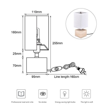 Viugreum Nachttischlampe Schreibtischlampe Atmosphärelapen aus Massivholz gemachtem Lampenfuß und Stofflampenschirm, ideale Beleuchtung für Schlafzimmer, Wohnzimmer, Bettschrank,Kaffeetisch (weiß 2) - 4