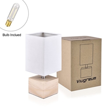 Viugreum Nachttischlampe Schreibtischlampe Atmosphärelapen aus Massivholz gemachtem Lampenfuß und Stofflampenschirm, ideale Beleuchtung für Schlafzimmer, Wohnzimmer, Bettschrank,Kaffeetisch (weiß 2) - 9