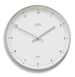 ADE Analoge Wanduhr CK 1603. Funkuhr mit präzisem Quarz-Uhrwerk, Rahmen aus Aluminium und Abdeckung aus Glas. Lautlose Küchenuhr ohne Tickgeräusche mit automatischer Zeiteinstellung. Weiß Silber - 1