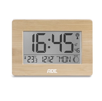 ADE Funkuhr CK 1702. Digitale Uhr mit DCF Zeitsignal, Gehäuse mit echtem Bambus, LCD-Display, Thermometer, Wecker und Kalender. Inklusive Batterie - 2