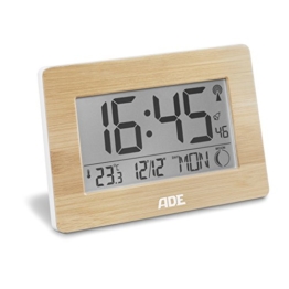 ADE Funkuhr CK 1702. Digitale Uhr mit DCF Zeitsignal, Gehäuse mit echtem Bambus, LCD-Display, Thermometer, Wecker und Kalender. Inklusive Batterie - 1