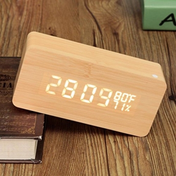 Gearmax® LED Holz Digital Wecker Uhr Alarm Zeit Kalender Thermometer Luftfeuchtigkeit USB Kabel / Batteriebetrieben Bambus - 2