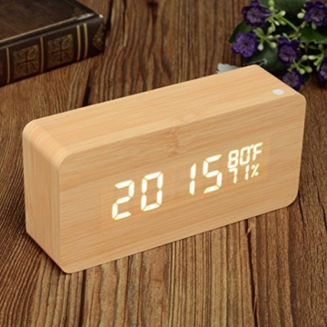 Gearmax® LED Holz Digital Wecker Uhr Alarm Zeit Kalender Thermometer Luftfeuchtigkeit USB Kabel / Batteriebetrieben Bambus - 4