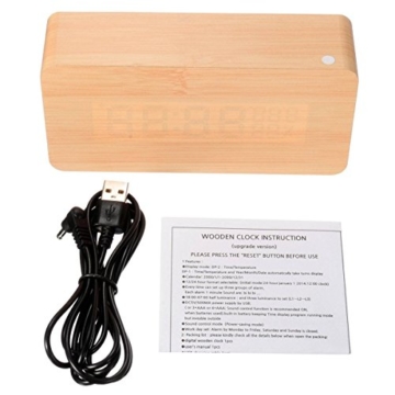 Gearmax® LED Holz Digital Wecker Uhr Alarm Zeit Kalender Thermometer Luftfeuchtigkeit USB Kabel / Batteriebetrieben Bambus - 8