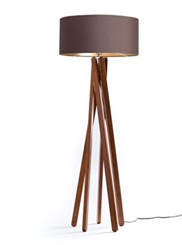 Hochwertige Design Stehlampe Tripod mit Textil Schirm in Braun Gold und Stativ/Gestell aus dunklem Holz Echtholz Nussbaum | H= 160cm | Stehleuchte | Handgefertigte Leuchte - 1