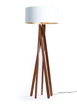 Hochwertige Design Stehlampe Tripod mit Textil Schirm in Weiß Gold und Stativ/Gestell aus dunklem Holz Echtholz Nussbaum | H= 160cm | Stehleuchte | Handgefertigte Leuchte - 1