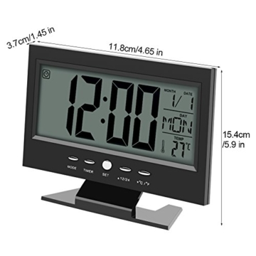 Multifunktions Klangsteuerung Große LCD Digitaluhr Tisch Schreibtisch Wecker mit Zeit Kalender Woche Temperaturanzeige Snooze Uhren(Schwarz) - 5