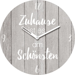 Wanduhr aus Glas mit Tischaufsteller, Spruch: Zuhause ist es am Schönsten, Holzoptik grau, 20x20 cm von Eurographics - 1