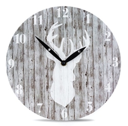 Wanduhr aus Holz mit Hirsch-Motiv in Grau - 28cm rund - Jäger Skandinavien Natur Uhr Holzuhr Zeitanzeige - 1