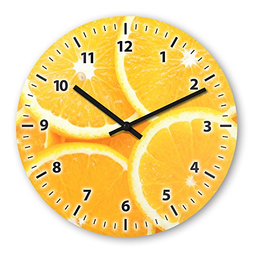 Wanduhr mit Motiv - Orange - aus Echt-Glas | runde Küchen-Uhr | große