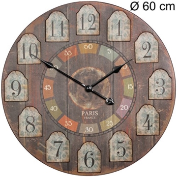 WOHNLING Deko Vintage Wanduhr XXL Ø 60 cm France Holz bunt | Große Uhr rustikal Dekouhr rund | Design Retro Küchenuhr für Küche & Wohnzimmer - 3