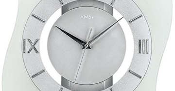 AMS Glas Funk-Wanduhr modern, analoge Designer-Uhr mit römischen Ziffern unter einer Glasfront - moderne Funkuhr mit einer Holzrückwand in Silber lackiert; Sekundenzeiger - 2