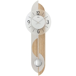 Geräuscharme Pendeluhr von AMS mit Metallpendel und einer Rückwand aus Holz (Sonoma Eiche) und Aluminium, hochwertige Wohnzimmer Wanduhr mit Pendel - arabische Zahlen - 1