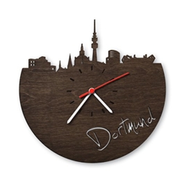 Skyline Dortmund Wanduhr aus Eichen-Holz geräuchert Made in Germany | Design Uhr aus Echtholz | Wand-Deko aus Eiche geräuchert | Originelle Wand-Uhr | Moderne Wand-Uhr im Skyline Design | Wand-Dekoration aus Natur-Holz - 1