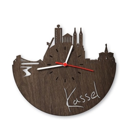 Skyline Kassel Wanduhr aus Eichen-Holz geräuchert Made in Germany | Design Uhr aus Echtholz | Wand-Deko aus Eiche geräuchert | Originelle Wand-Uhr | Moderne Wand-Uhr im Skyline Design | Wand-Dekoration aus Natur-Holz - 1