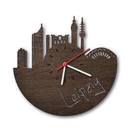 Skyline Leipzig Wanduhr aus Eichen-Holz geräuchert Made in Germany | Design Uhr aus Echtholz | Wand-Deko aus Eiche geräuchert | Originelle Wand-Uhr | Moderne Wand-Uhr im Skyline Design | Wand-Dekoration aus Natur-Holz - 1