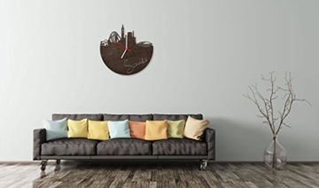 Skyline Schalke Wanduhr aus Eichen-Holz geräuchert Made in Germany Design Uhr aus Echtholz Wand-Deko aus Eiche geräuchert Originelle Wand-Uhr Moderne Wand-Uhr im Skyline Design Wand-Dekoration aus Natur-Holz - 2