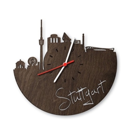 Skyline Stuttgart Wanduhr aus Eichen-Holz geräuchert Made in Germany | Design Uhr aus Echtholz | Wand-Deko aus Eiche geräuchert | Originelle Wand-Uhr | Moderne Wand-Uhr im Skyline Design | Wand-Dekoration aus Natur-Holz - 1