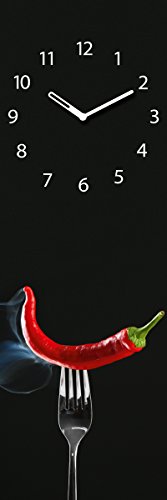 Wanduhr aus Glas für die Küche, Red Hot Chilli Pepper, Chilischote auf Gabel aufgespießt, schwarz, 20x60 cm von Eurographics - 1