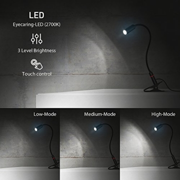 Aglaia LED Klemmleuchte 4W, Dimmbar Augepflege Bettleuchte mit 3 Helligkeitstufe, 360° Flexibel Schwanenhals Leselampe für Schlafzimmer Büro (Schwarz) - 2