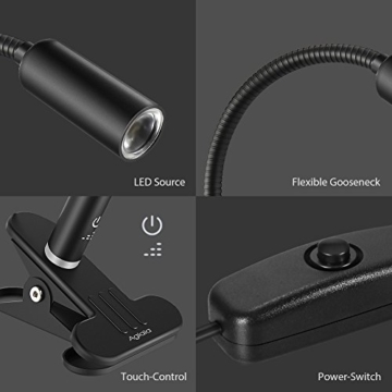 Aglaia LED Klemmleuchte 4W, Dimmbar Augepflege Bettleuchte mit 3 Helligkeitstufe, 360° Flexibel Schwanenhals Leselampe für Schlafzimmer Büro (Schwarz) - 7