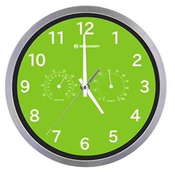 Bresser Wanduhr Mytime Thermo-/ Hygro mit Edelstahlrahmen und lautlosem Quarz Uhrwerk, grün - 2
