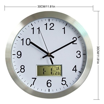 Funkwanduhr, Foxom Modern Quartz 12Zoll/30CM Funk Wanduhr Funkuhr mit Kalender und Hygrometer für Wohnzimmer, Küche, Büro - 2