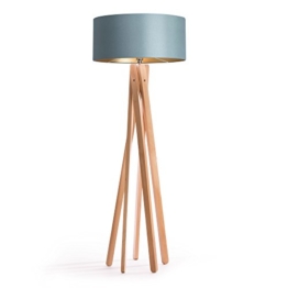 Hochwertige Design Stehlampe Tripod mit Textil Schirm aus Chintz in grau gold und Stativ/Gestell aus Holz Echtholz (Buche) | H= 160cm | Stehleuchte | Natur | Handgefertigte Leuchte - 1