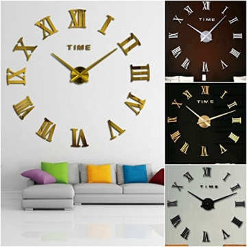 JUSTFOX - Wanduhr XXL Deko 3D mit Römischen Zahlen (Gold) - 2