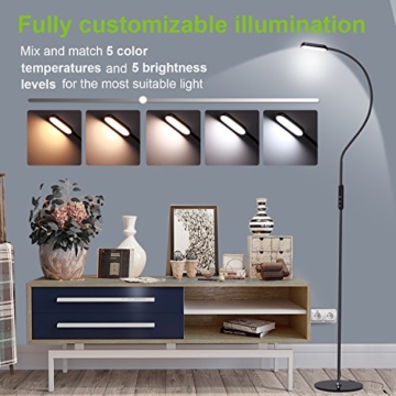 LED Stehlampe, AVAWAY Dimmbare LED Standlampe Stehleuchte Leselampe Flexible Standleuchte Bodenlampe mit Schwanenhals für Wohnzimmer Schlafzimmer Büro, Touch & Fernbedingung Steuerung, 5 Farbtemperature und 5 Helligkeitsstufen – 3000K-6500K (Schwarz) - 2