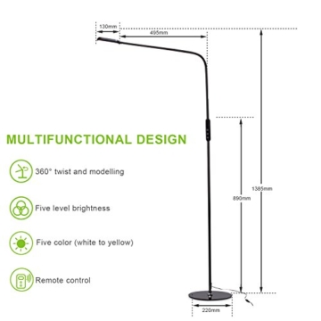 LED Stehlampe, AVAWAY Dimmbare LED Standlampe Stehleuchte Leselampe Flexible Standleuchte Bodenlampe mit Schwanenhals für Wohnzimmer Schlafzimmer Büro, Touch & Fernbedingung Steuerung, 5 Farbtemperature und 5 Helligkeitsstufen – 3000K-6500K (Schwarz) - 5