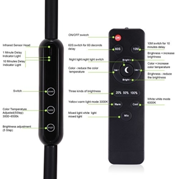 LED Stehlampe, AVAWAY Dimmbare LED Standlampe Stehleuchte Leselampe Flexible Standleuchte Bodenlampe mit Schwanenhals für Wohnzimmer Schlafzimmer Büro, Touch & Fernbedingung Steuerung, 5 Farbtemperature und 5 Helligkeitsstufen – 3000K-6500K (Schwarz) - 6