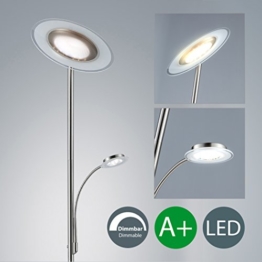 LED Stehlampe dimmbar I Stehleuchte modern I Deckenfluter mit Leselampe I Standleuchte mit Touchschalter I warm-weiss I Metall-Glas I matt nickel I schwenkbare Lampe für Wohnzimmer I 21 W I 230 V I IP20 I Gesamthöhe: 1795 mm - 1