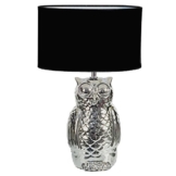 Nachttischlampe Schreibtischlampe Stehlampe Tischlampe Eule Silber/Chrom, schwarzer Lampenschirm 40 Watt E14, 24,5x16x36,5cm - 1