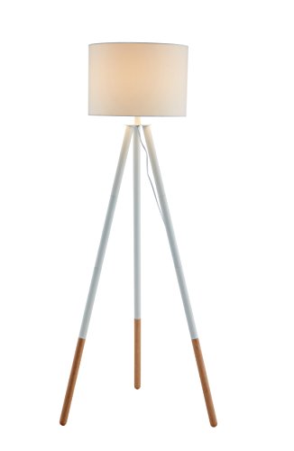 SalesFever Stehlampe, Stehleuchte, Metall- + Holzbeine in weiß-braun, Lampenschirm in Weiß, Polyester, robuster Stoff, Holz, Metall, Wohnzimmerlampe, Druckschalter, 43 x 29 x 153 cm - 3
