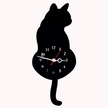 Shsyue® Katze Wanduhr, Ultra-leise Pendeluhr aus Acryl, Schwanz Wackeln, 18*42cm (Schwarz) - 2
