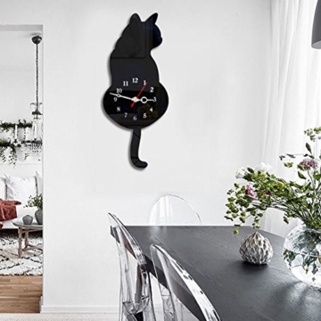 Shsyue® Katze Wanduhr, Ultra-leise Pendeluhr aus Acryl, Schwanz Wackeln, 18*42cm (Schwarz) - 7