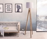 Stehleuchte Wyatt Sheesham Natur drei Beine Schirm Stoff Grau Designer Stehlampe - 1