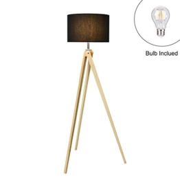 Viugreum Stehleuchte mit reine handgemachte massivholz dreibeine, klassischen Stehlampe mit stoffschirm, Stehlampe für Wohnzimmer Schlafzimmer Büro, etc. Stabileund moderne Stehleuchte mit 8W Glühbirne (Schwarz) - 1