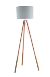 SalesFever Stehlampe, Stehleuchte, Metall- + Holzbeine in kupfer-braun, Lampenschirm in Weiß, Polyester, robuster Stoff, Holz, Metall, Wohnzimmerlampe, Druckschalter, 42 x 29 x 153 cm - 1