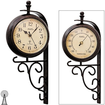 AMS Deko Wanduhr Funk Uhr RETRO Look Vintage Antik zweiseitig Metallgehäuse Anzeige der Temperatur/Uhrzeit - 2